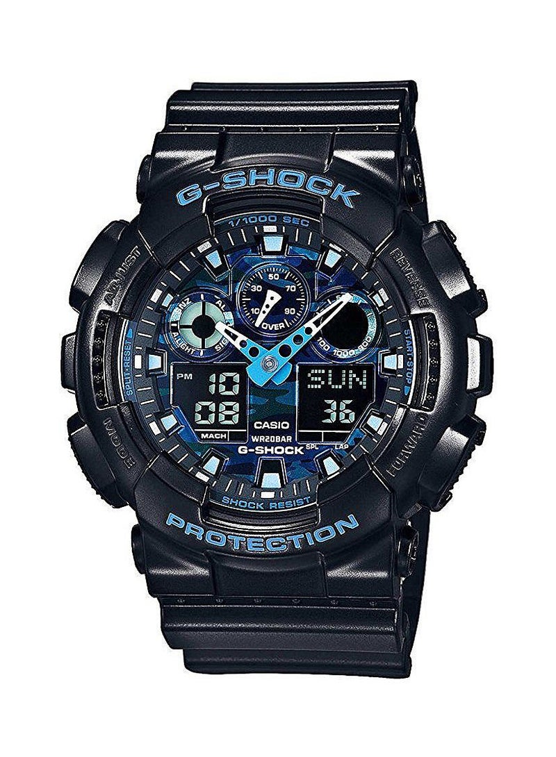جي شوك ساعة يد رقمية وتناظرية بسوار من الراتينج على شكل دائري - أسود - GA-100CB-1AER