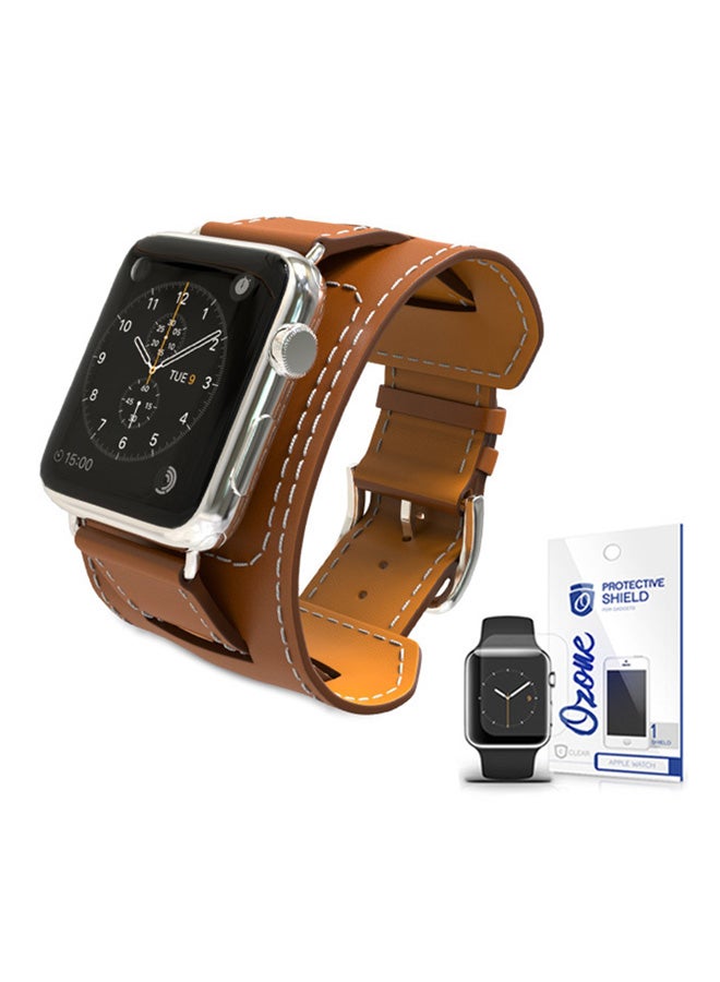 Ozone PU Leather Watch Band Strap With Screen Protector For 42mm Apple Brown - Image 1