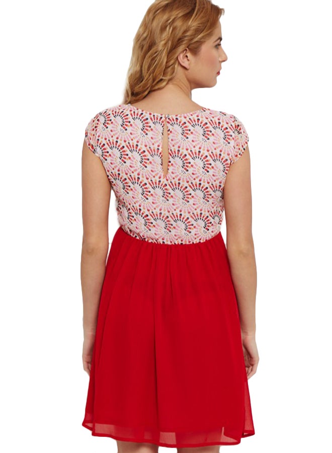 THE VANCA Printed Skater Waist Gather Dress Red/Peach - Image 3