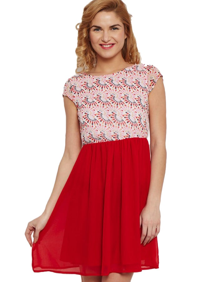 THE VANCA Printed Skater Waist Gather Dress Red/Peach - Image 1