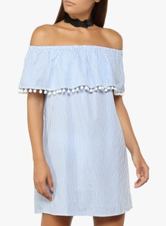 Pinstripe Bardot Dress Blue