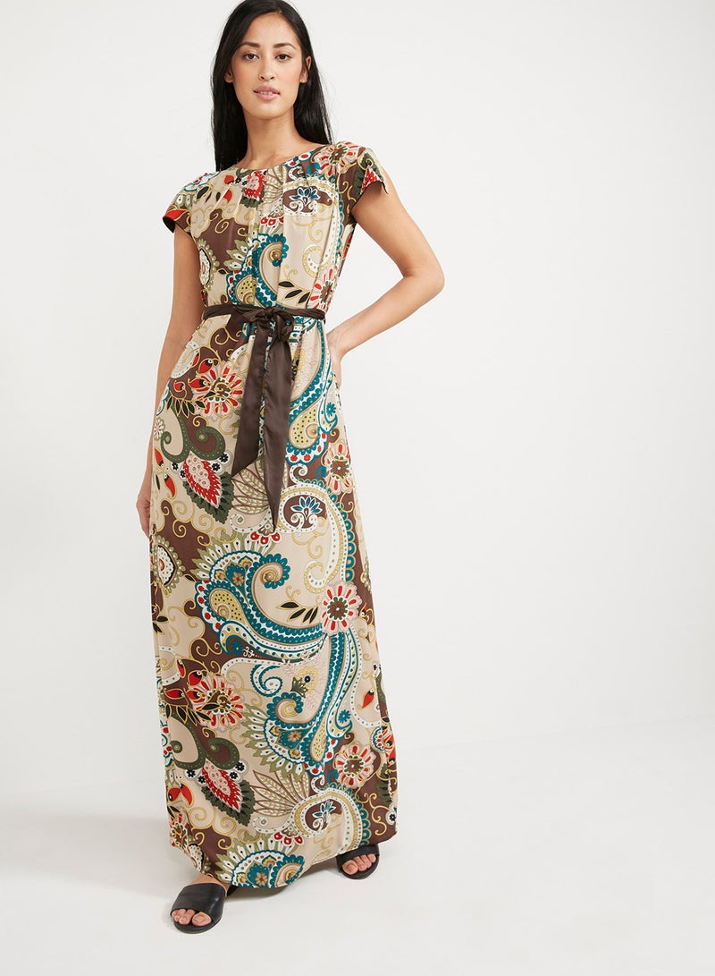 Seden Printed Chiffon Long Dress With Slit Sleeves Brown - Image 1