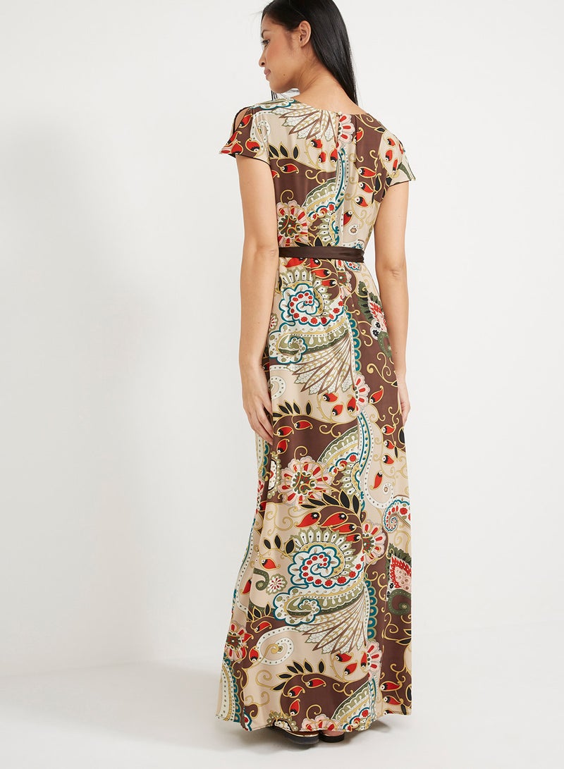 Seden Printed Chiffon Long Dress With Slit Sleeves Brown - Image 2