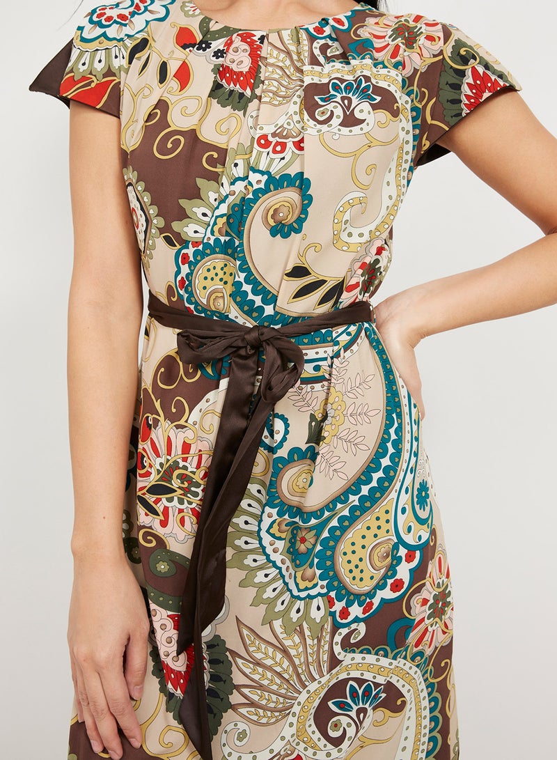 Seden Printed Chiffon Long Dress With Slit Sleeves Brown - Image 3