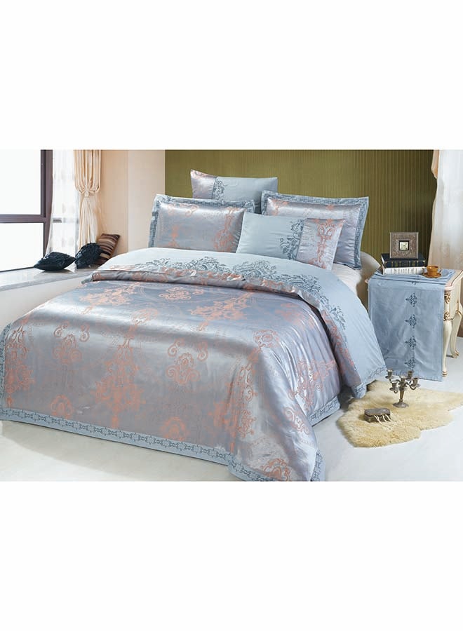 Senoures 6-Piece Bedding Set With Jacquard Quilt Cover Cotton Orange/Blue 