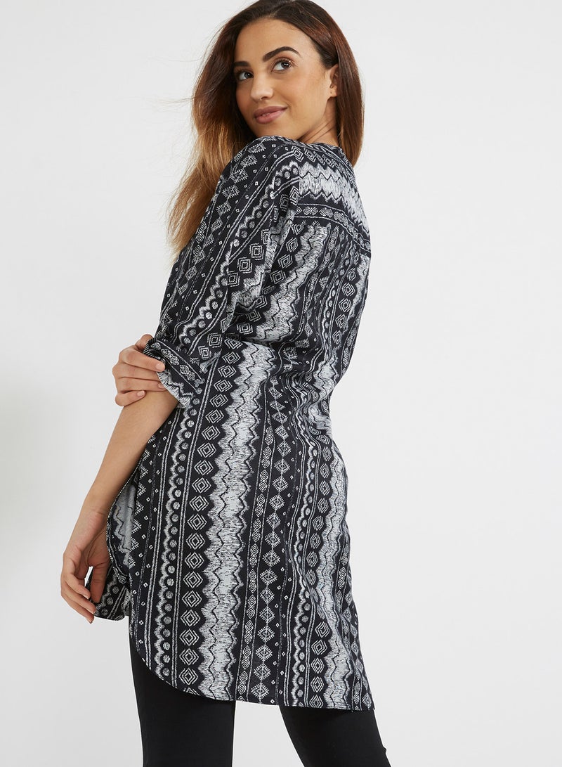 Sara Arabia - Mixed Abstract Print Kurti With Buttons Black/White - Image 1