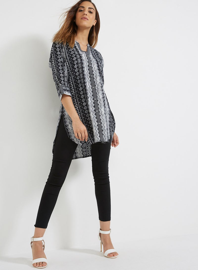 Sara Arabia - Mixed Abstract Print Kurti With Buttons Black/White - Image 1
