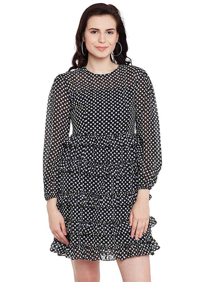 THE VANCA - Printed Skater Dress With Ruffles Black - Image 1