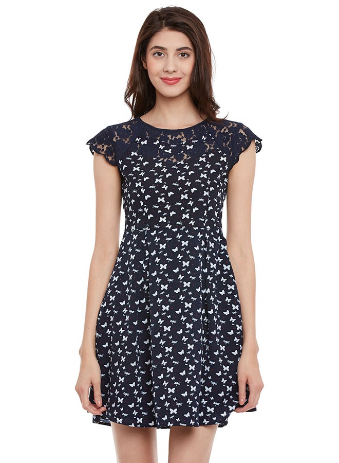 THE VANCA - Cap Sleeve Printed Skater Dress Navy - Image 1