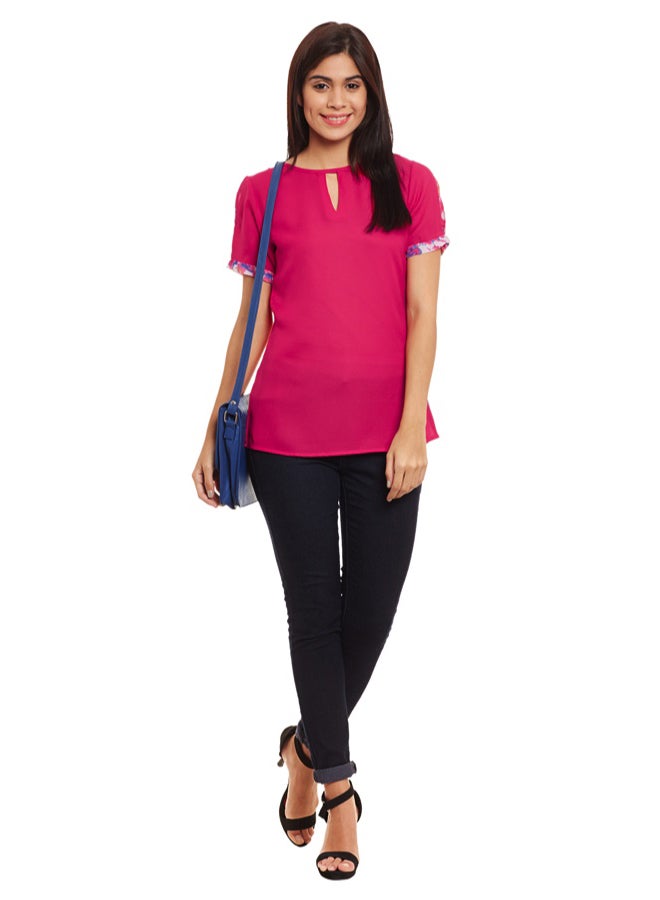 Pleated Sleeve Top With Keyhole Detailing Fuchsia