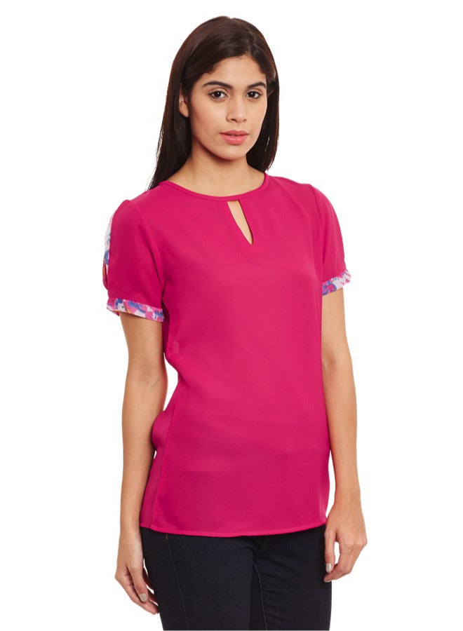 Pleated Sleeve Top With Keyhole Detailing Fuchsia
