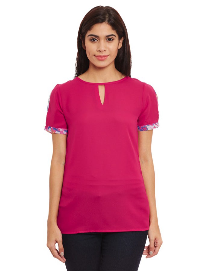 Pleated Sleeve Top With Keyhole Detailing Fuchsia