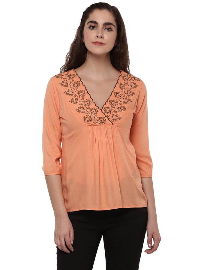 THE VANCA Embroidered V-Neck Top Peach  - Image 1