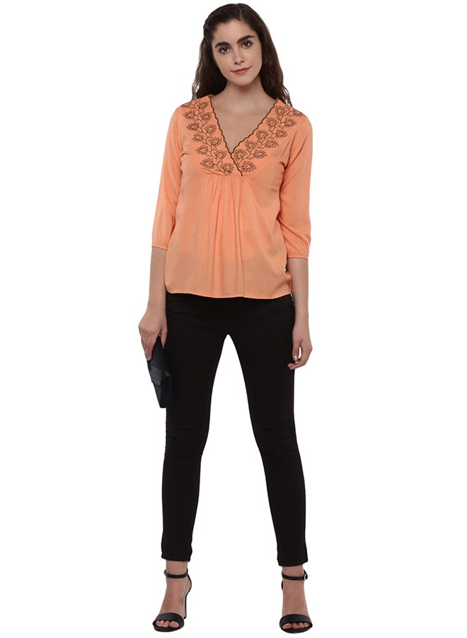 THE VANCA Embroidered V-Neck Top Peach  - Image 5