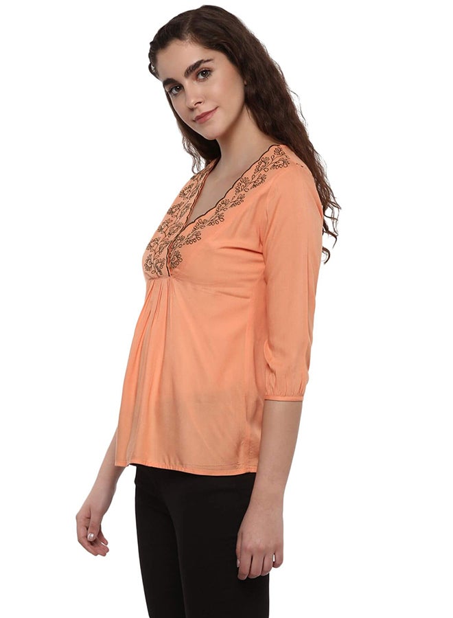 THE VANCA Embroidered V-Neck Top Peach  - Image 3