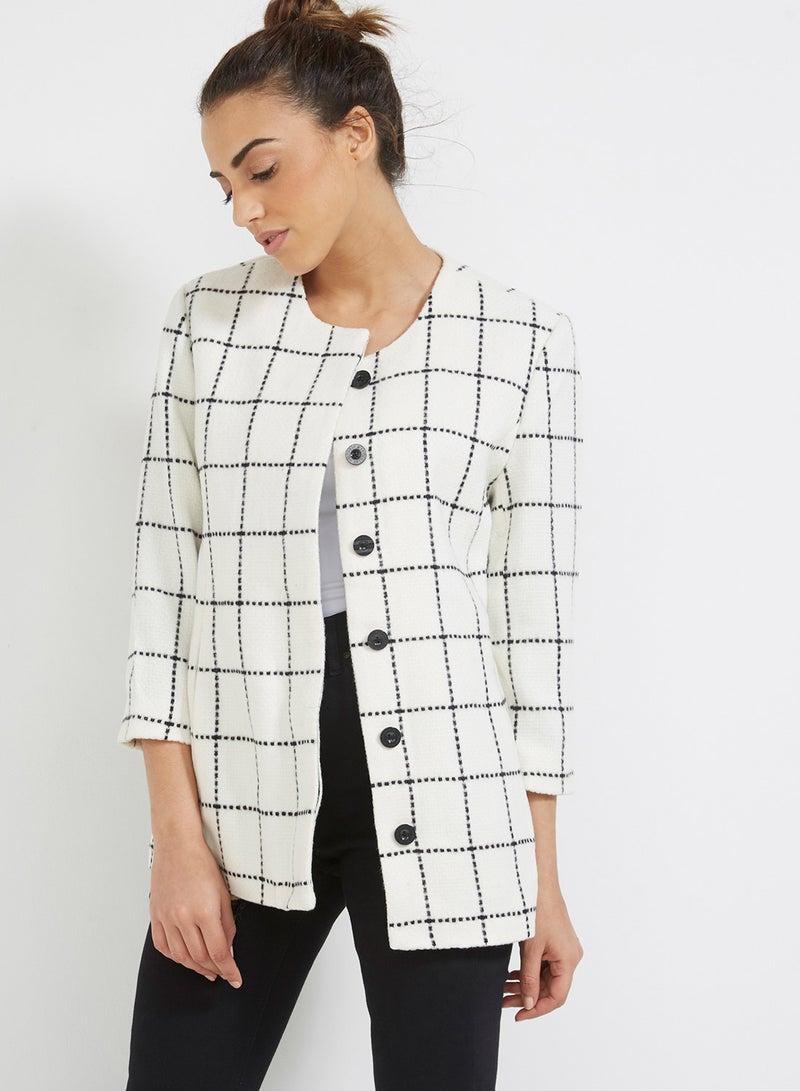 Checked Three-Quarter Sleeve Jacket White - v1512279038/N11548661A_M1