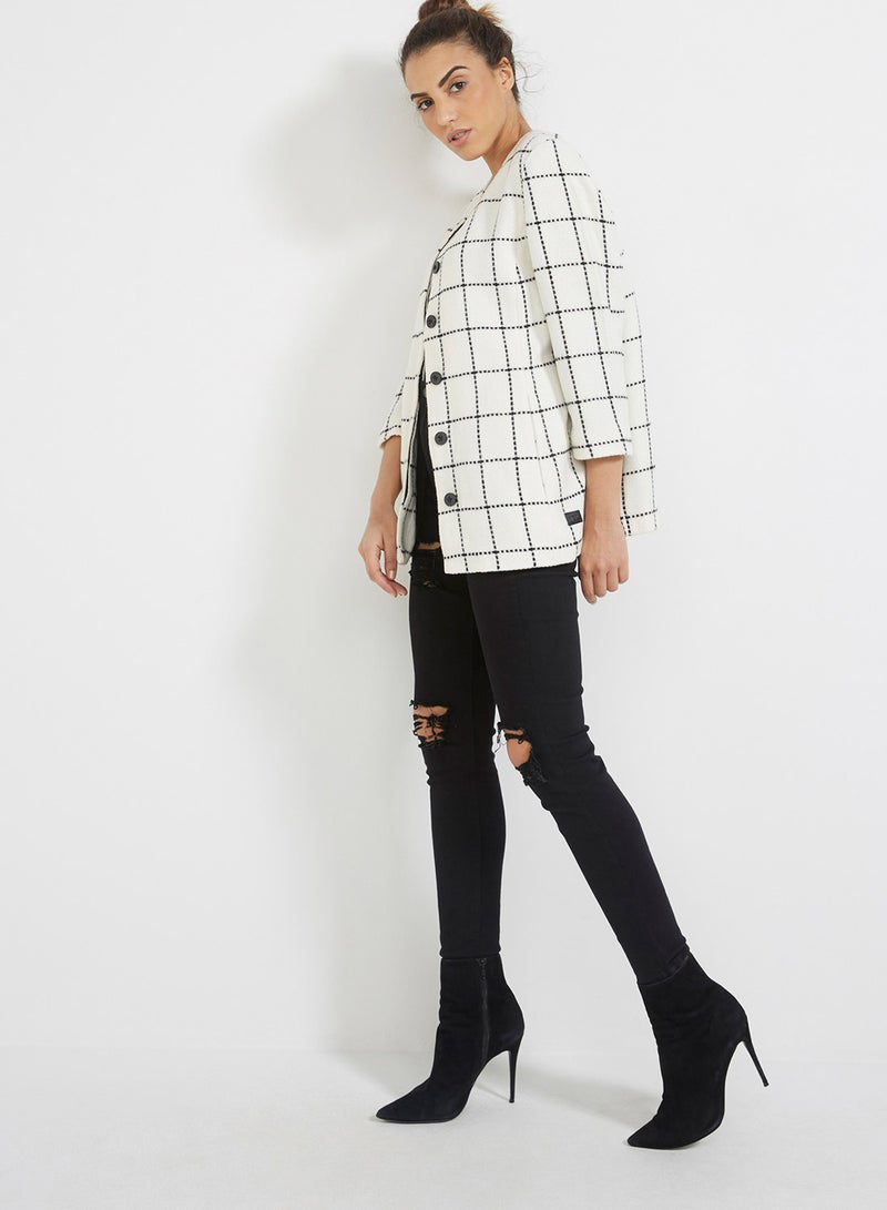 Checked Three-Quarter Sleeve Jacket White - v1512279128/N11548661A_M3