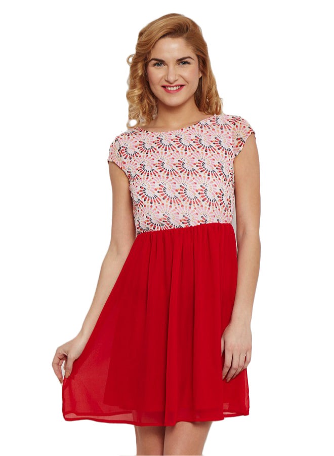 THE VANCA Printed Skater Waist Gather Dress Red/Peach - Image 2