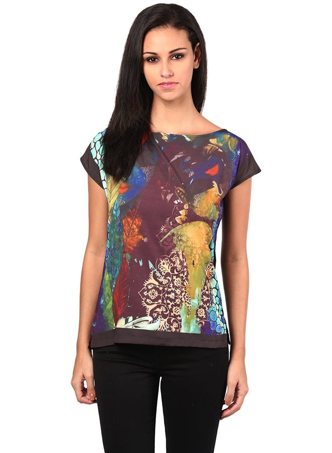 THE VANCA Cap Sleeve Side Slit Digital Print Tee Multicolour  - Image 1