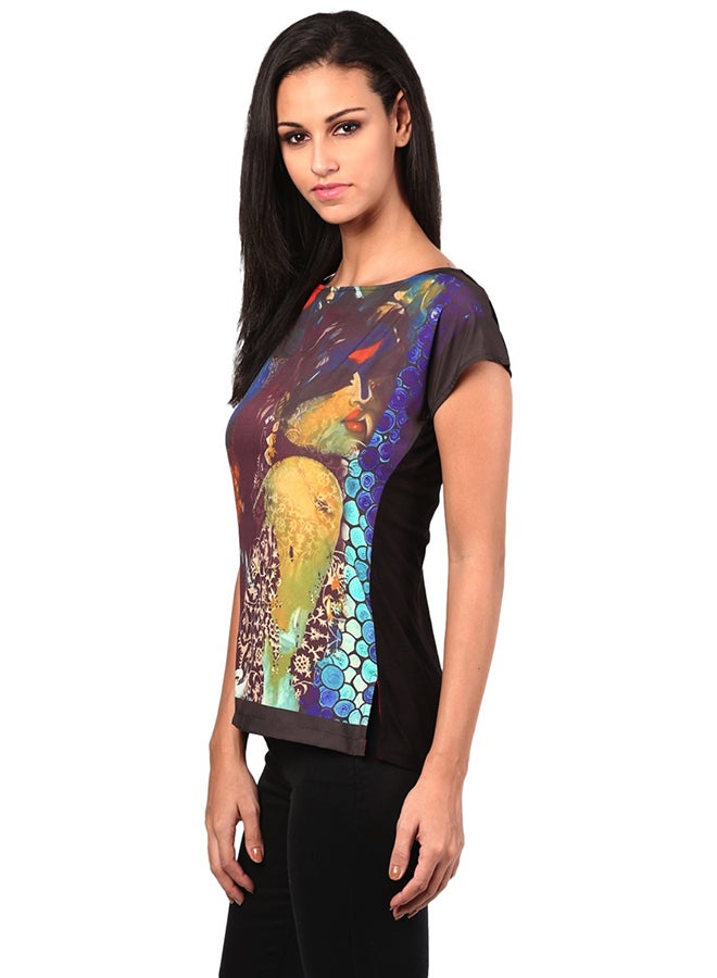 THE VANCA Cap Sleeve Side Slit Digital Print Tee Multicolour  - Image 2