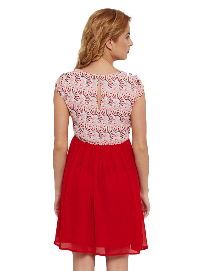 THE VANCA Printed Skater Waist Gather Dress Red/Peach - Image 4