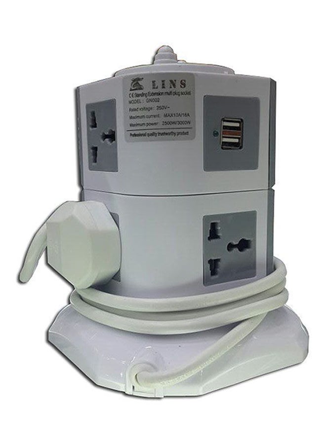 Generic 4-Way Dual Port USB Multifunction Vertical Extension Socket White/Grey  - Image 1
