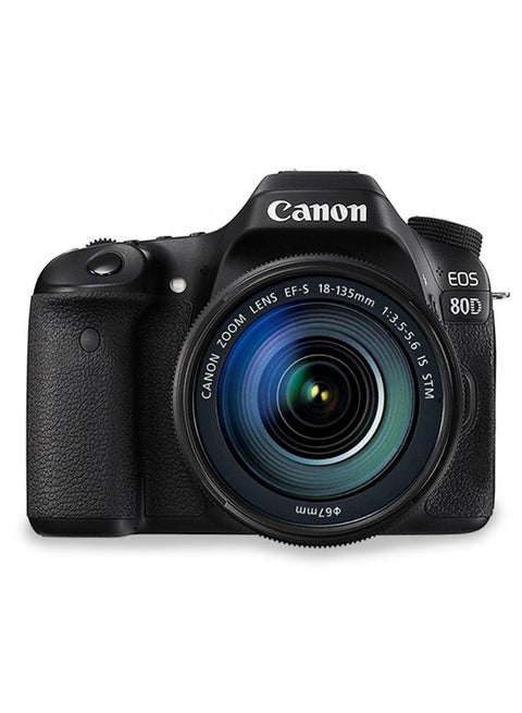 كاميرا رقمية ذات عدسة أحادية عاكسة EOS 80D بعدسات EF-S مقاس 18-135 مم ببعد بؤري 3.5-5.6 IS STM، تتميز بدقة 24.2 ميجابكسل وشاشة LCD لمسية وواي فاي مدمج لمشاركة الصور