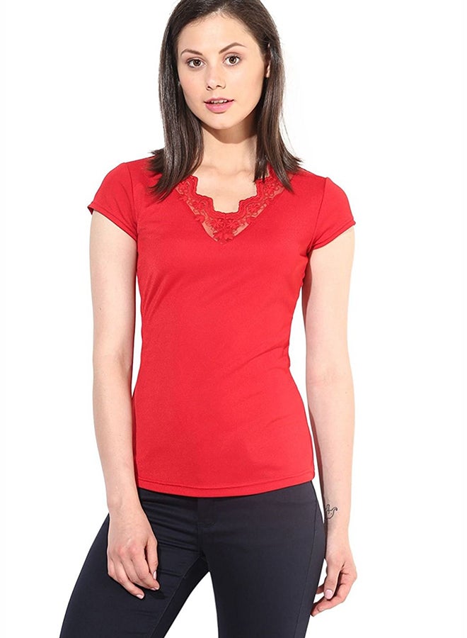 THE VANCA Neck Detailing Short Sleeve Top Red - Image 1