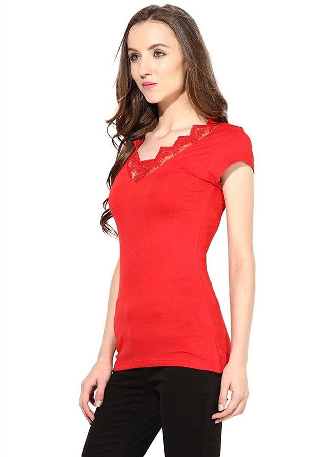 THE VANCA Neck Detailing Short Sleeve Top Red - Image 3