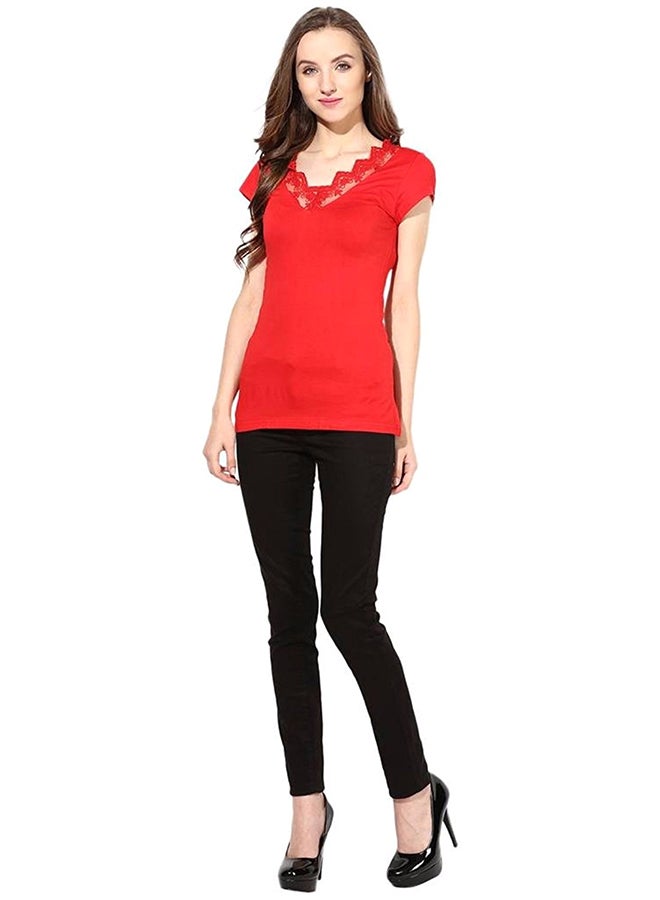 THE VANCA Neck Detailing Short Sleeve Top Red - Image 4