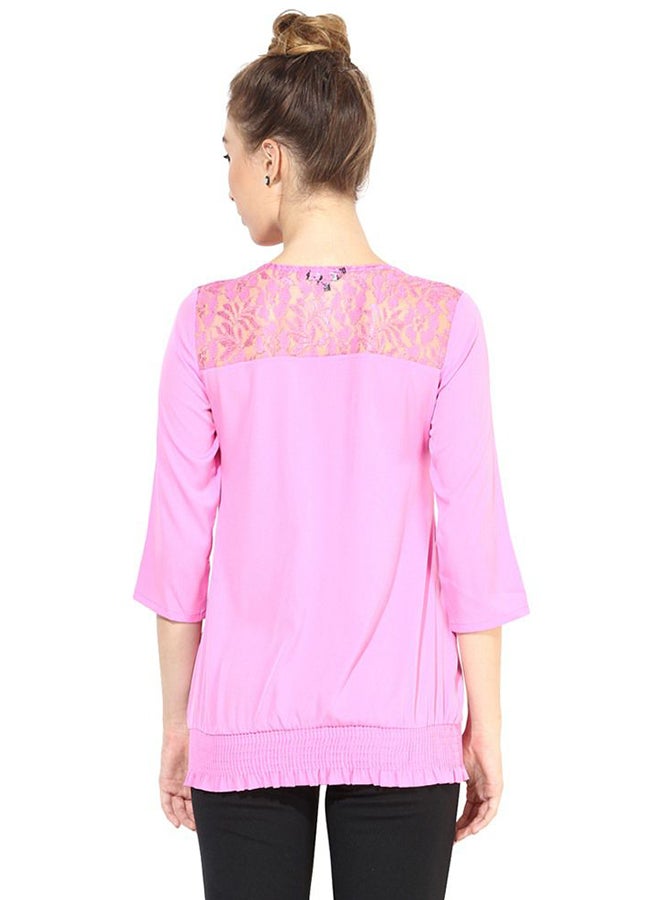 THE VANCA Casual Top With Lace At Yoke Pink  - Image 2