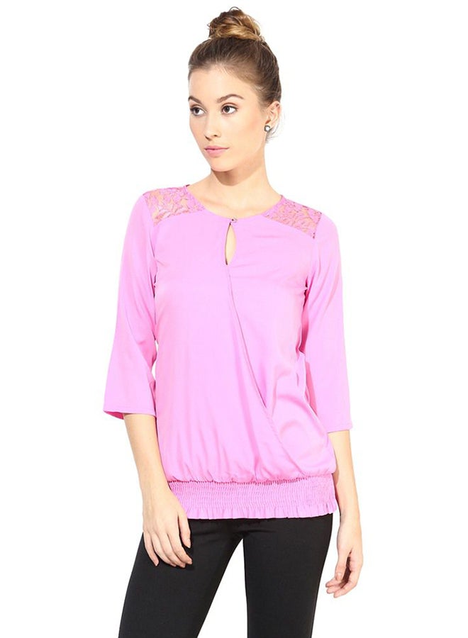 THE VANCA Casual Top With Lace At Yoke Pink  - Image 1