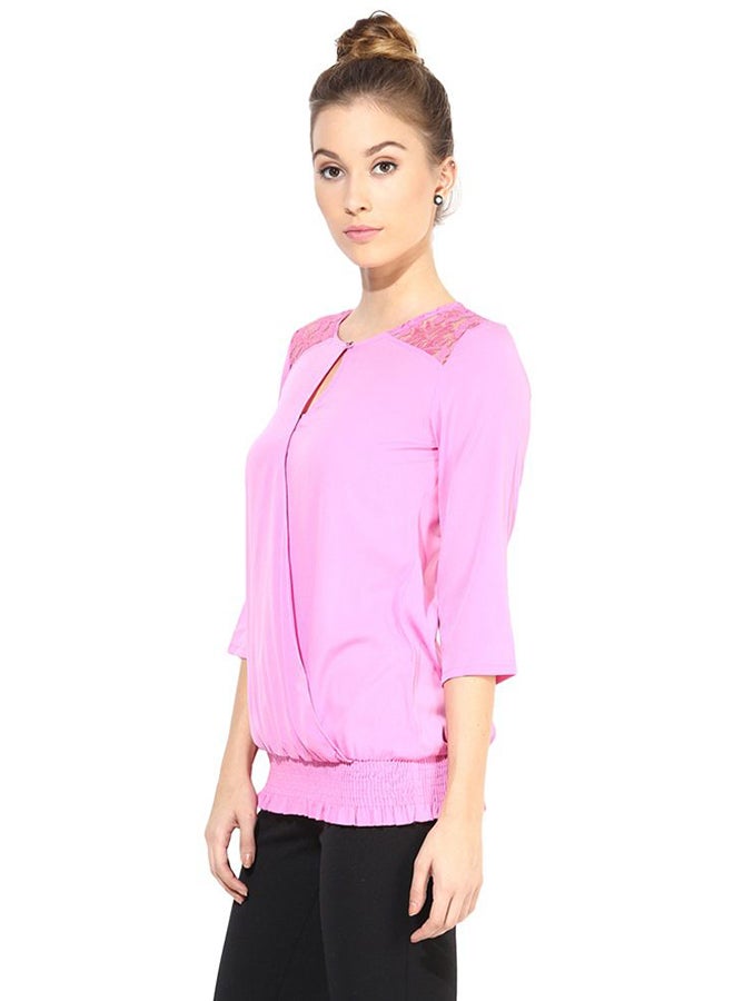 THE VANCA Casual Top With Lace At Yoke Pink  - Image 3