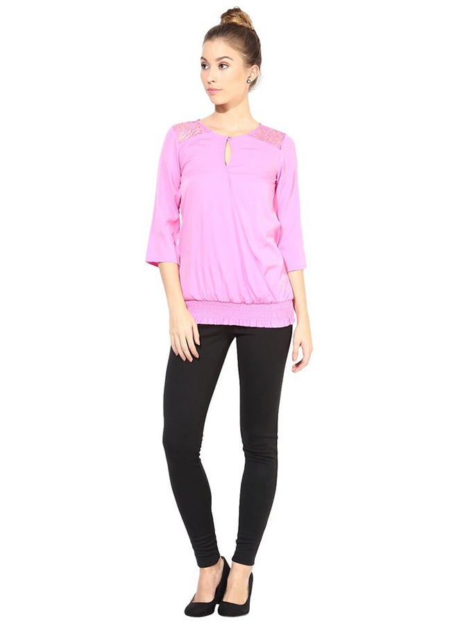 THE VANCA Casual Top With Lace At Yoke Pink  - Image 4