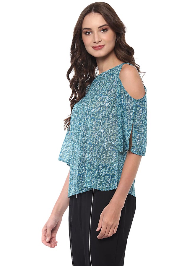 THE VANCA Cold Shoulder Printed Top Blue  - Image 3