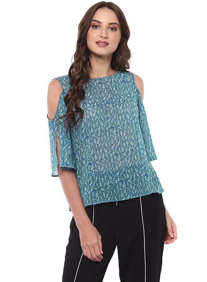 THE VANCA Cold Shoulder Printed Top Blue  - Image 1