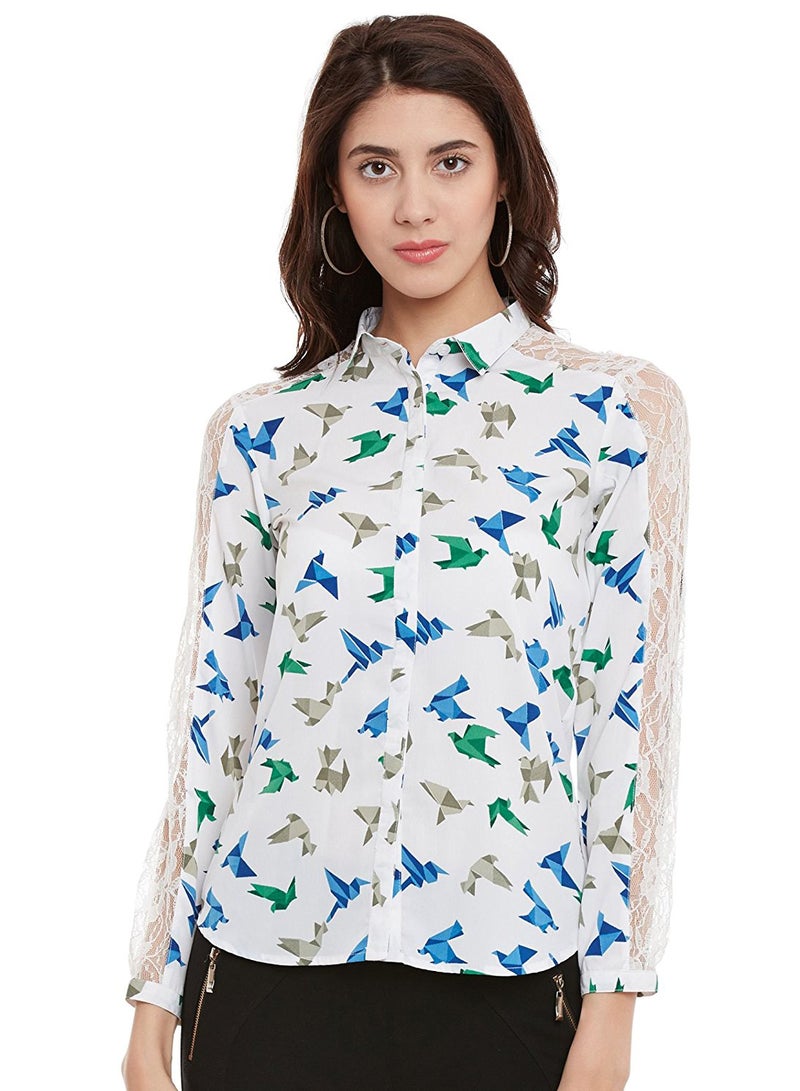 THE VANCA - Casual Shirt With Lace Patched Sleeve White/Blue - Image 1