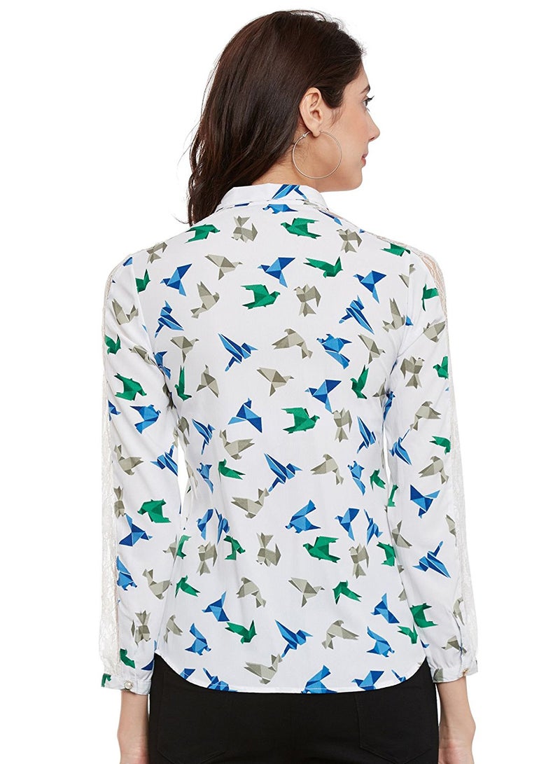 THE VANCA - Casual Shirt With Lace Patched Sleeve White/Blue - Image 1