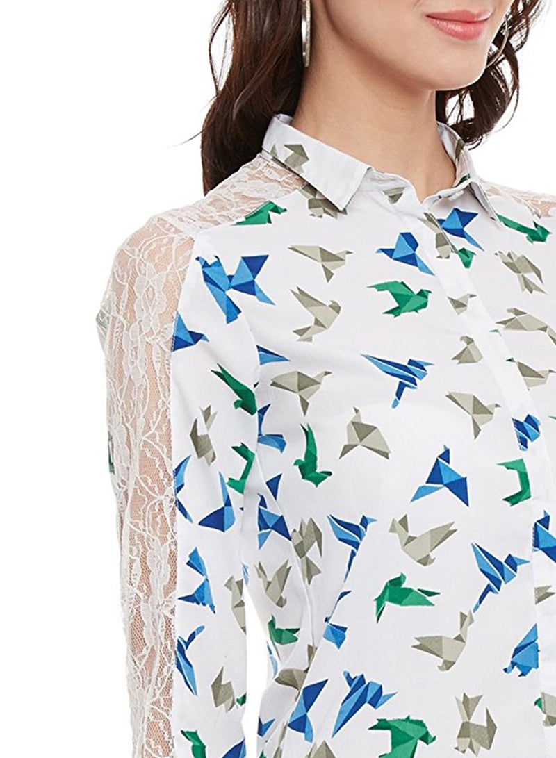 THE VANCA - Casual Shirt With Lace Patched Sleeve White/Blue - Image 1