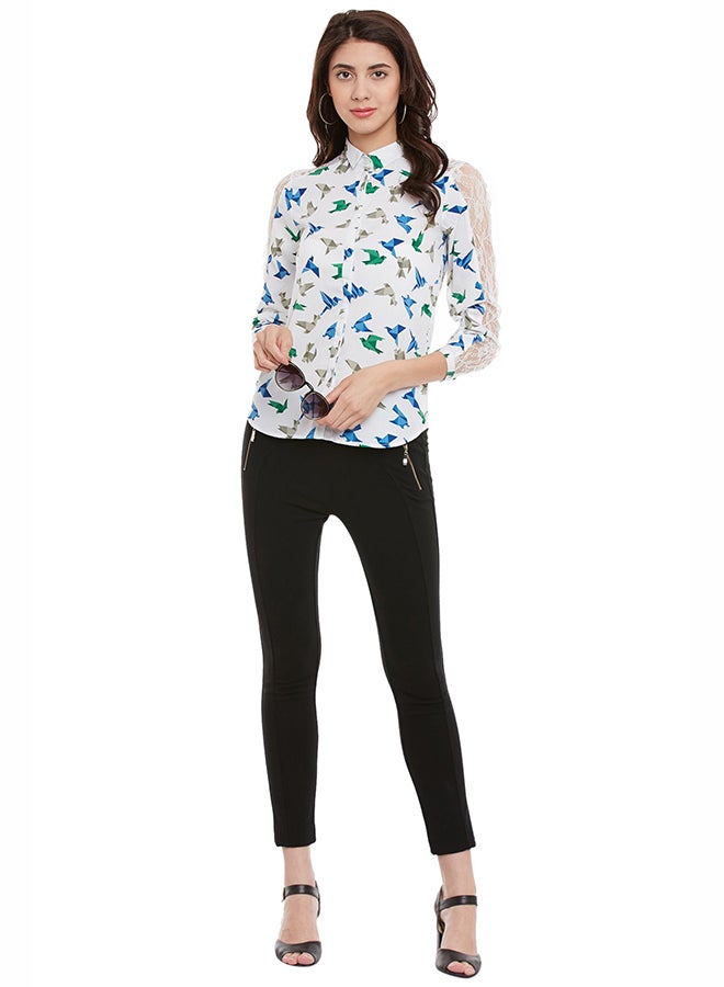 THE VANCA - Casual Shirt With Lace Patched Sleeve White/Blue - Image 1