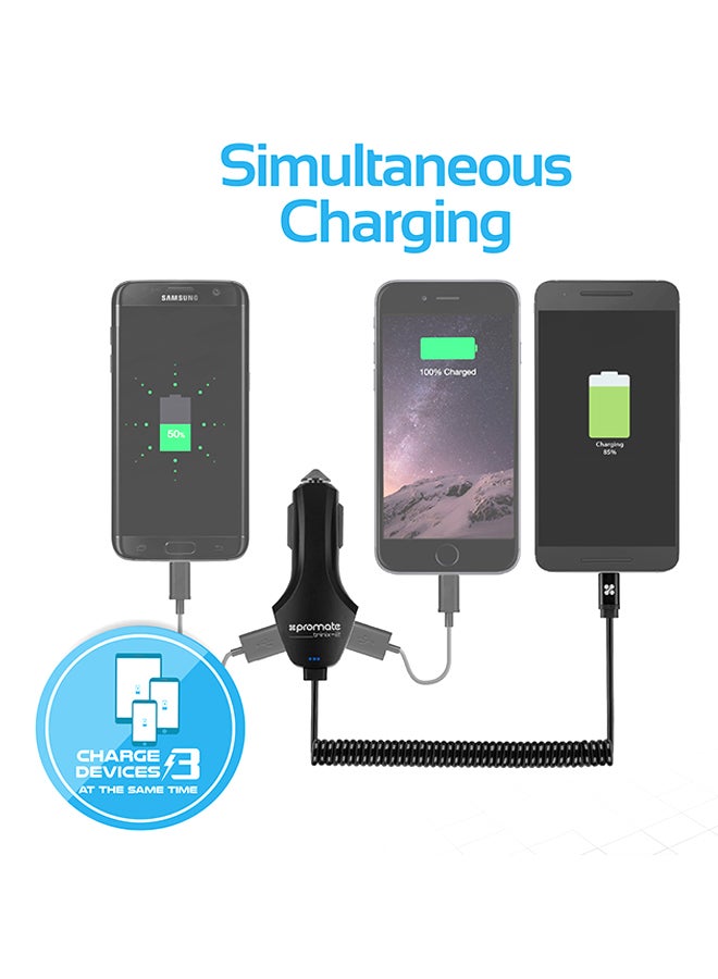 PROMATE - USB Type-C Car Charger With Dual USB And Quick Charge 3.0 Port Black - Image 1