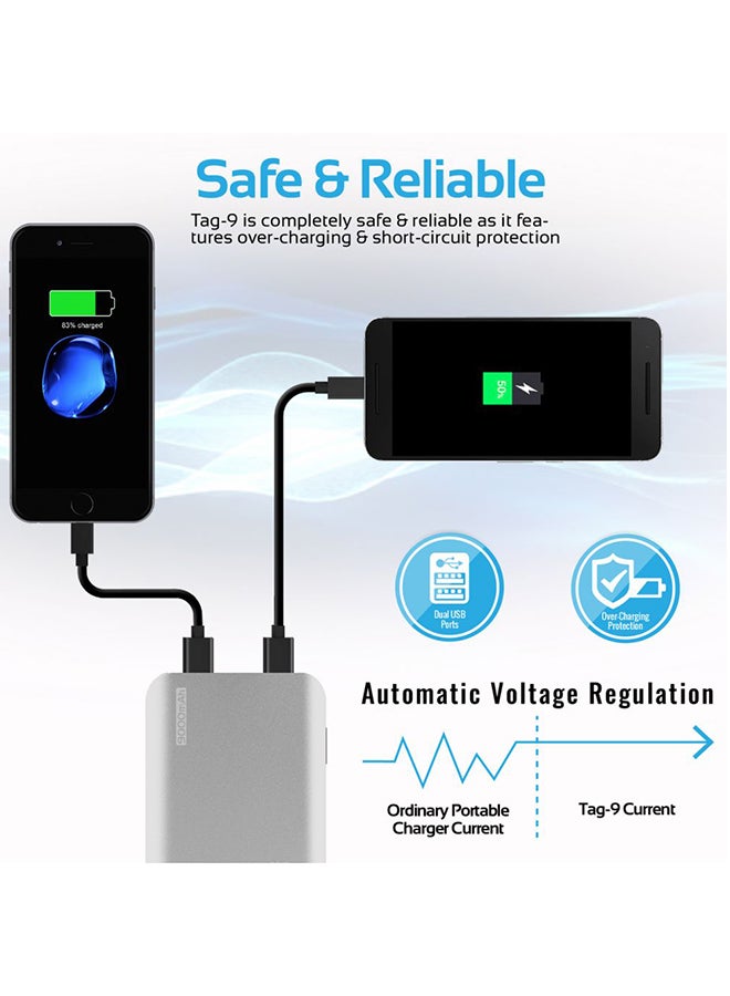 9000.0 mAh 9000 mAh Power Bank, Ultra-Fast Portable Charger Power Bank External Battery Charger with Dual USB Port 4.2A Output for iPhone, iPad, Samsung Galaxy Silver