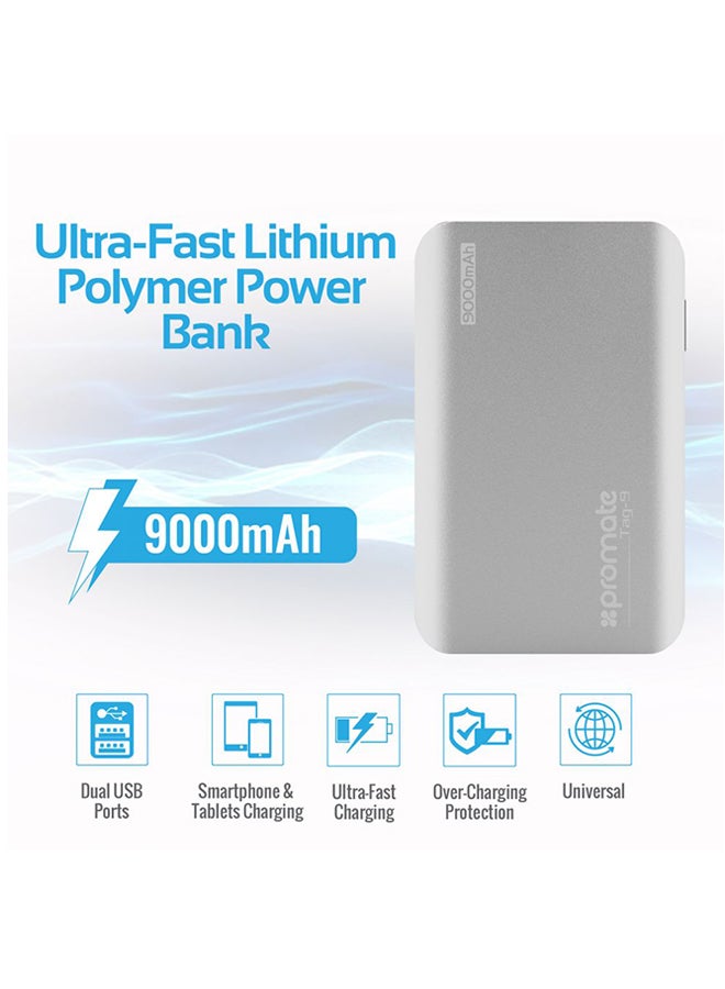 9000.0 mAh 9000 mAh Power Bank, Ultra-Fast Portable Charger Power Bank External Battery Charger with Dual USB Port 4.2A Output for iPhone, iPad, Samsung Galaxy Silver