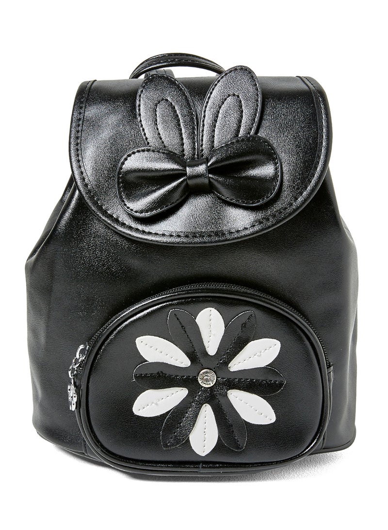 YUEJIN - Flower And Bow Faux Leather Backpack Black - Image 1