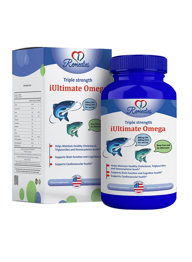 iRemedies iUltimate Omega -3 Enteric Coated capsules, Triple Strength Omega 3 , High Potency Fish Oil EPA- 800 mg, DHA- 600 mg 