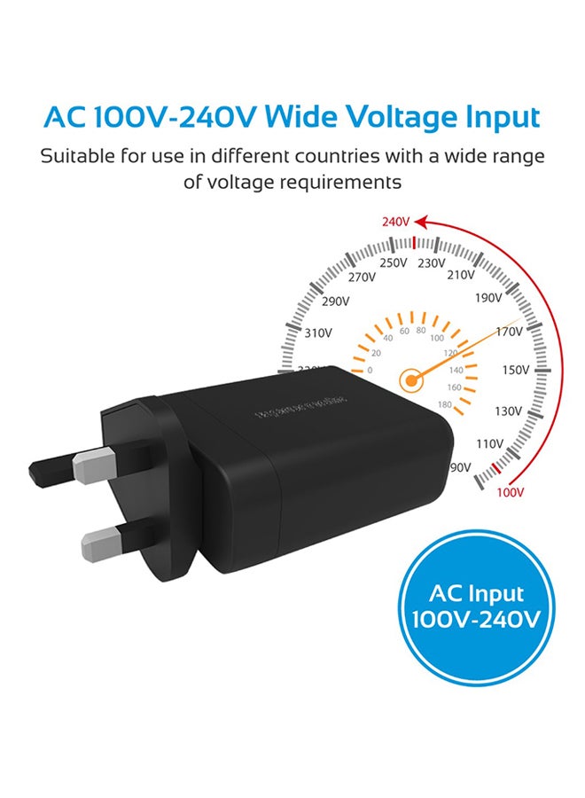PROMATE - USB Type-C Charger, Universal 30W USB Type-C Power Delivery Wall Charger with Qualcomm Quick Charger 3.0 USB Port and 2.4A USB Port for Smartphones, Tablets, PowerHub-QC.UK Black - Image 1