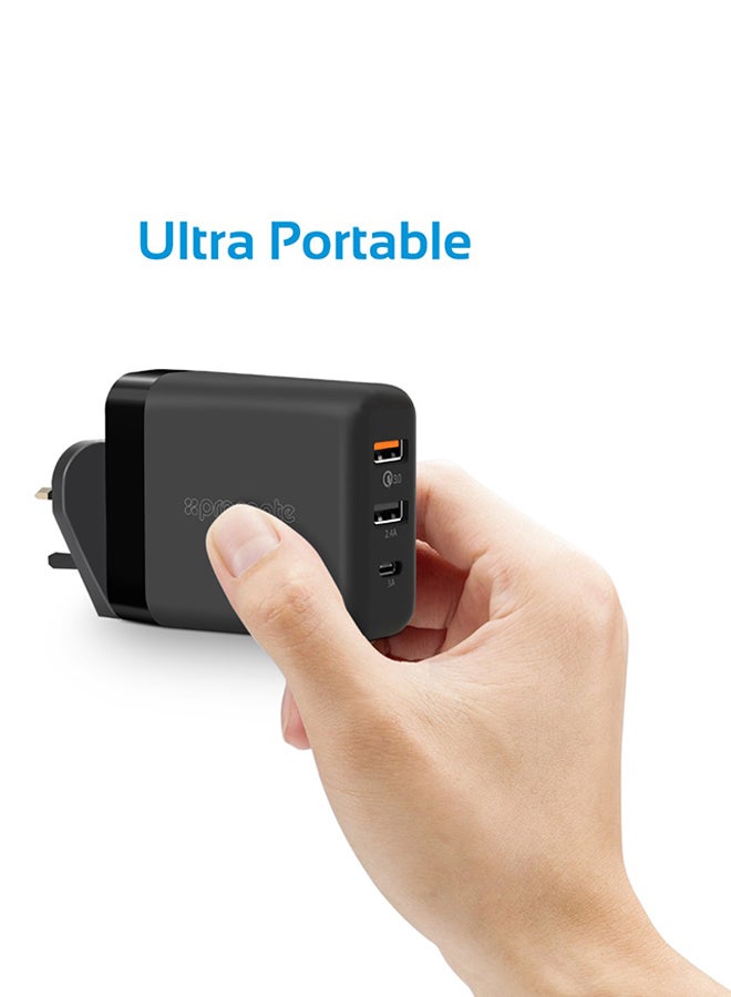 PROMATE - USB Type-C Charger, Universal 30W USB Type-C Power Delivery Wall Charger with Qualcomm Quick Charger 3.0 USB Port and 2.4A USB Port for Smartphones, Tablets, PowerHub-QC.UK Black - Image 1