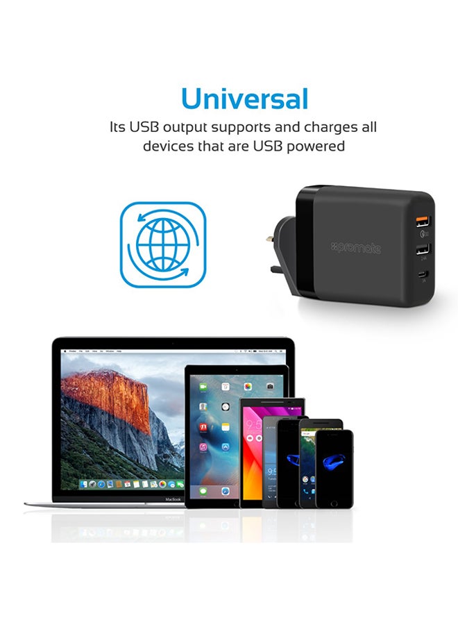 PROMATE - USB Type-C Charger, Universal 30W USB Type-C Power Delivery Wall Charger with Qualcomm Quick Charger 3.0 USB Port and 2.4A USB Port for Smartphones, Tablets, PowerHub-QC.UK Black - Image 1
