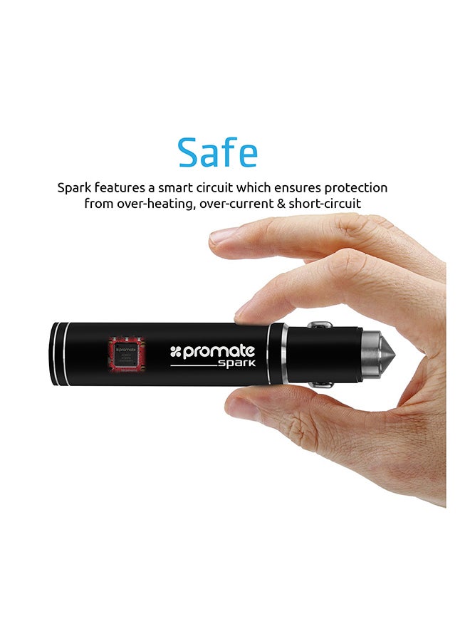 PROMATE - 2-In-1 Aluminum 12V USB Car Charger With Emergency Hammer And Power bank Black - Image 1
