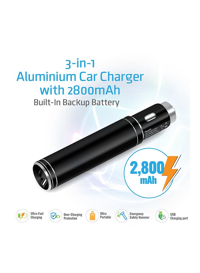 PROMATE - 2-In-1 Aluminum 12V USB Car Charger With Emergency Hammer And Power bank Black - Image 1